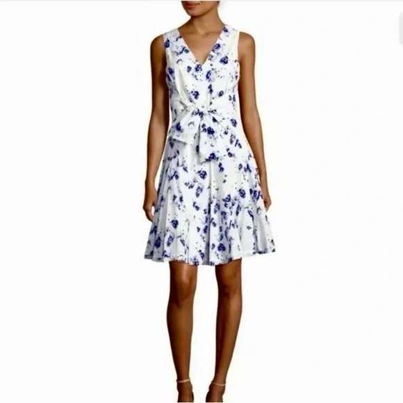 Rebecca Taylor Dresses | Rebecca Taylor Sleeveless V-Neck Tie Waist Floral Mini Dress, Size 8 | Color: Blue/White | Size: 8 | Mv3377'S Closet